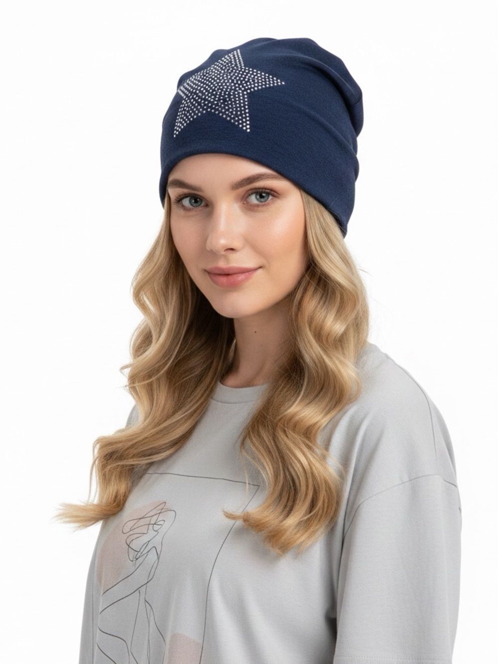 Blue Jersey Slouchy Beanie Rhinestone Star OS NWT